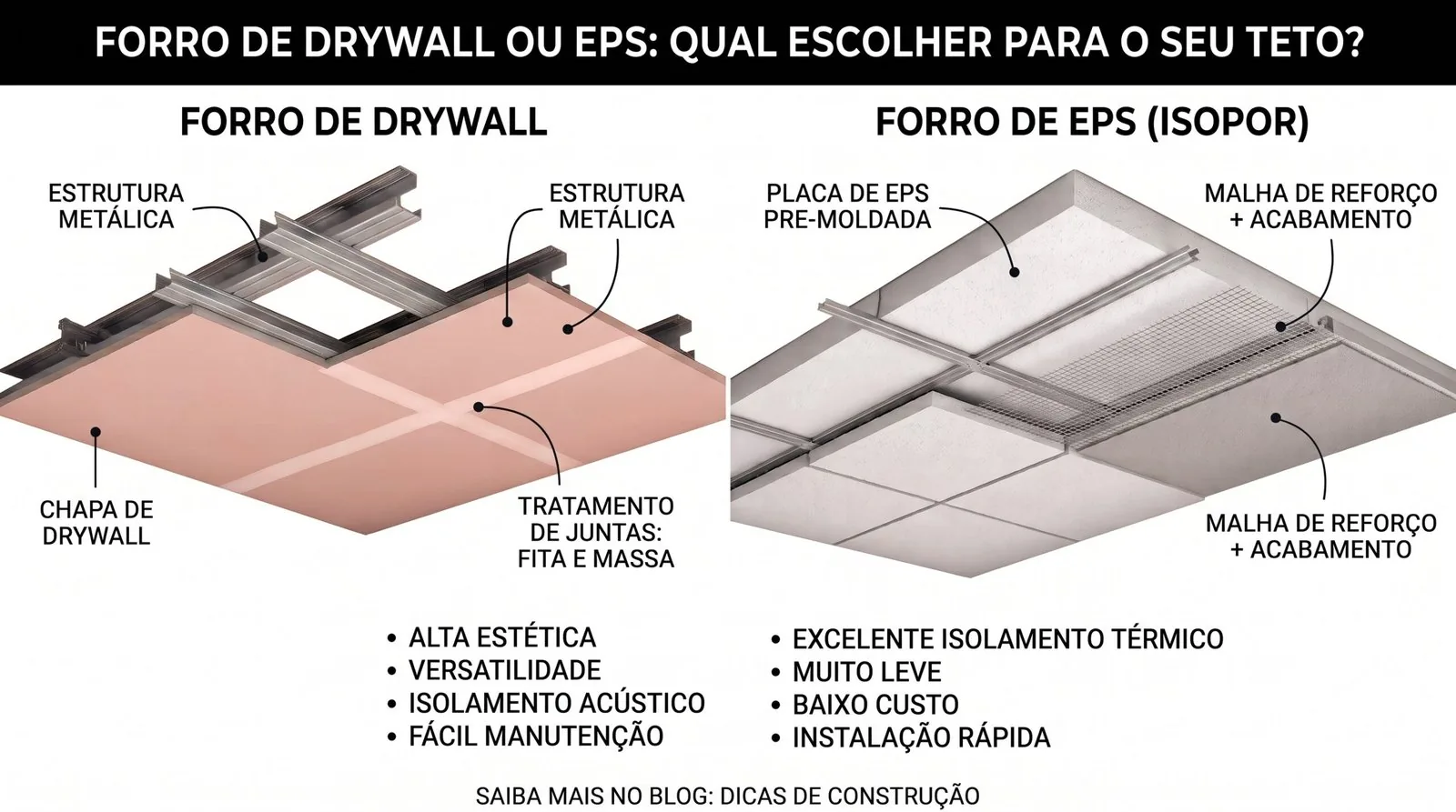 Forro de Drywall ou EPS: qual escolher para o seu teto? Compare acabamento, isolamento térmico e acústico, custo e prazo de instalação para decidir a melhor opção para o seu projeto em Blumenau.