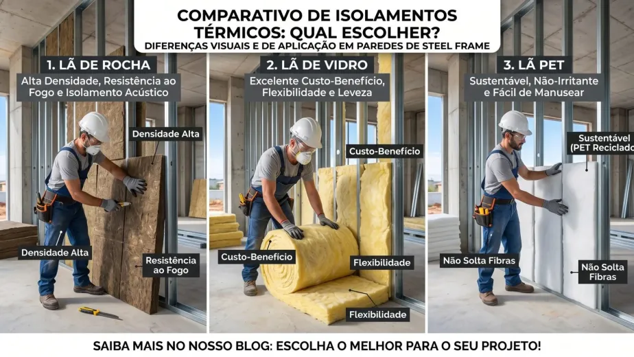 Lã de Rocha, Lã de Vidro ou Lã PET: qual isolamento escolher? Compare custo, desempenho acústico e térmico e segurança contra fogo para decidir o melhor isolante para a sua obra em Blumenau.
