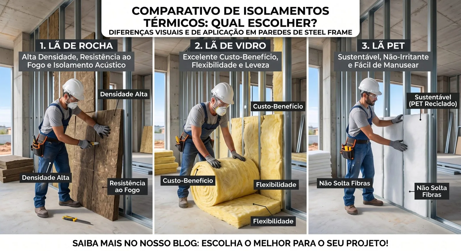 Lã de Rocha, Lã de Vidro ou Lã PET: qual isolamento escolher? Compare custo, desempenho acústico e térmico e segurança contra fogo para decidir o melhor isolante para a sua obra em Blumenau.